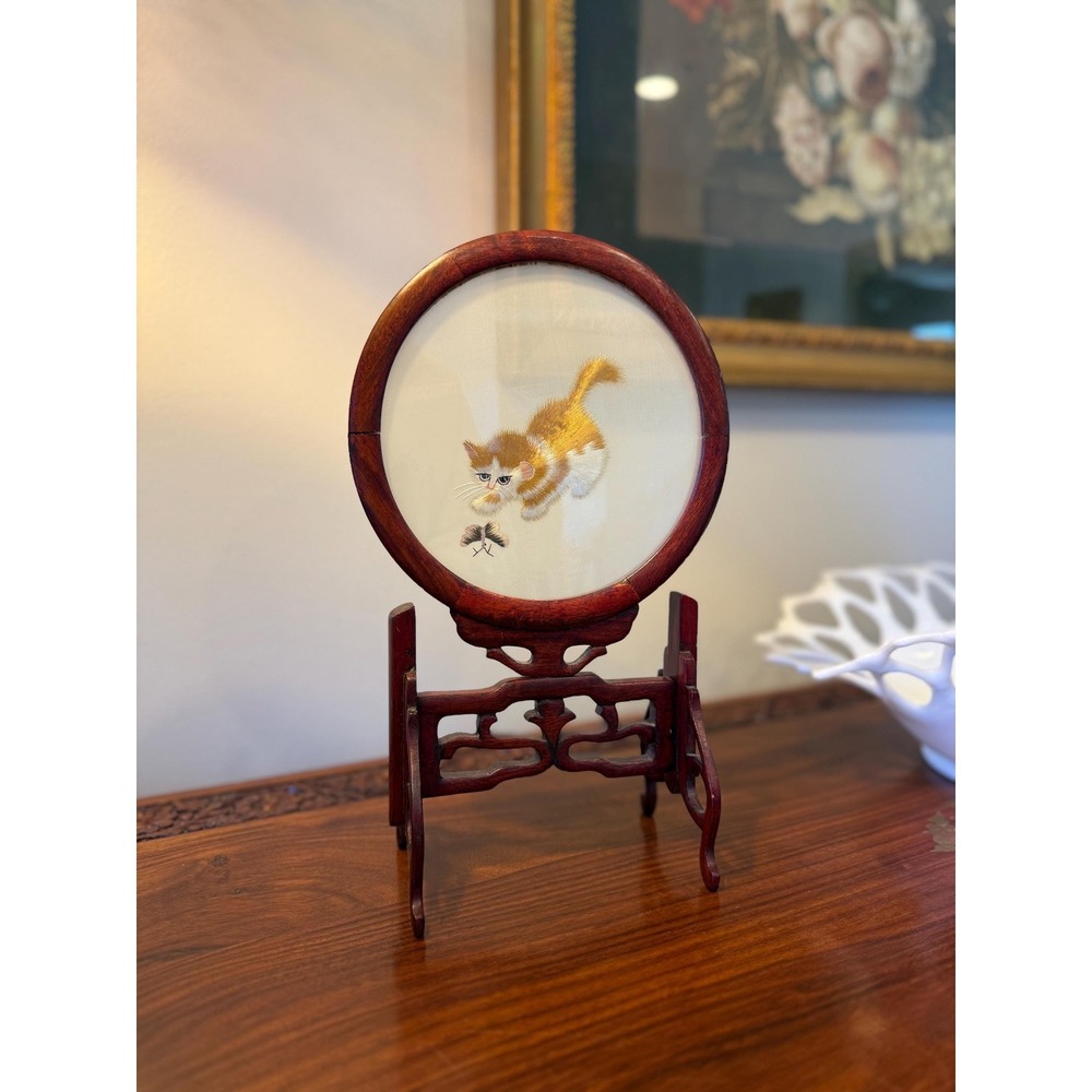 Vintage Chinese Silk Embroidery Cat Screen on Carved Wood Stand